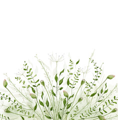 Watercolor floral big greenery semicircle bouquet. Green and sage wild twigs, branches, herbs, leaves and poppy flower buds. Hand drawn style illustration. Artistic template design.