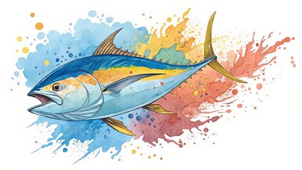 Watercolor-style tuna painting bursting in blue, yellow, and orange splash effects