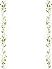 Watercolor floral greenery seamless border frame. Green and sage wild twigs, branches, herbs, leaves and poppy flower buds. Hand drawn style illustration. Artistic template design.