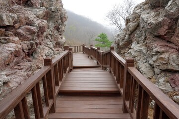 A raised wooden boardwalk leads through rugged rock formations on a misty, overcast day.