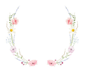 Watercolor floral symmetrical half round wreath frame. Meadow pink poppies, violet lavender, chamomile flowers, green branches. Hand drawn style illustration. Artistic template design. © satika