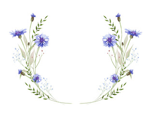 Watercolor floral symmetrical semicircular wreath frame. Meadow blue cornflowers, forget-me-not flowers, green wild branches, leaves, herbs. Hand drawn style illustration. Artistic template design.