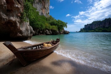 Obraz premium Wooden Boat on Sandy Beach with Cliffs and Blue Sky