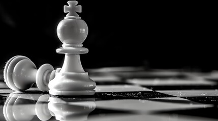 A black and white photo of a chessboard with a white pawn in the foreground and a black pawn lying on its side in the background.
