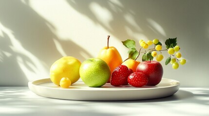 Sunlit Still Life with Assorted Fruits on White Plate