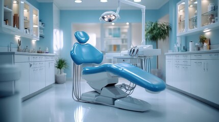 Modern dental clinic with a blue reclining chair, overhead light, and organized white cabinets, symbolizing professional oral care and cleanliness..