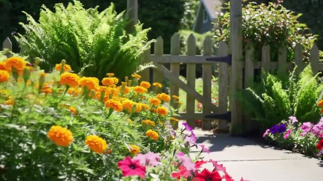 Charming garden path with vibrant flowers leading to rustic wooden gate