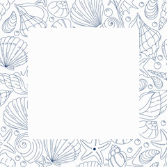 Square seashell frame with marine elements in line art style. Perfect for summer-themed greeting cards, packaging, and product labels.

