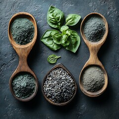 Dark green and grey powders in wooden spoons, with fresh basil leaves