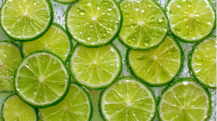 Citrus Freshness: Wet Lime Slices Spread Across a Bold Background