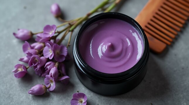 Jar with purple hair wax and comb. Hair styling product for men modeling hair. Barbershop accessory on dark background. Grooming concept.