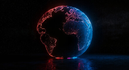 Digital Earth Globe Illuminated in Blue and Red Against Dark Background  