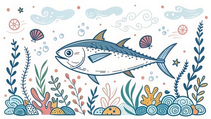 Whimsical line-art poster design with cartoon tuna, seaweed, and marine doodle patterns