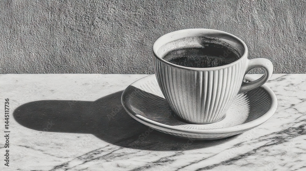 Poster a monochrome image of a coffee cup and saucer with strong shadows on a marble surface.
