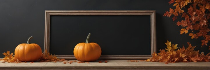Elegant chalkboard frame with a single perfect pumpkin, surrounded by delicate fall leaves ,  october,  image