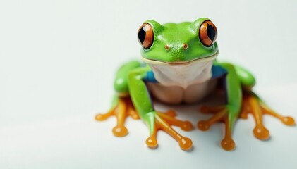 Obraz premium Green tree frog perched on white, vibrant skin detail, nature photography, wildlife photography