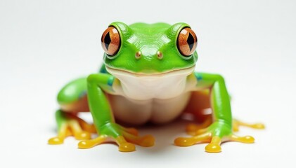 Obraz premium Green tree frog, vibrant skin, white background, environment, texture