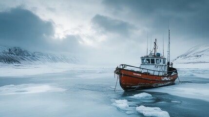 Fototapeta premium Fishing boat on frozen polar waters