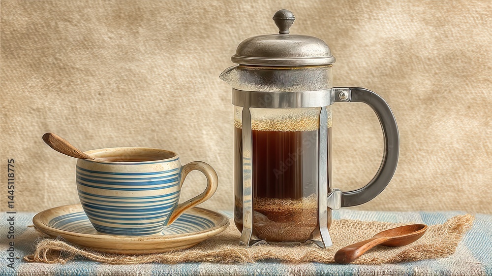 Poster a rustic still life featuring a french press coffee maker and a patterned cup.