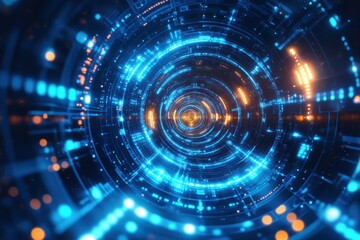 Obraz premium Digital technology innovation concept futuristic network data flow glowing blue abstract circular tunnel