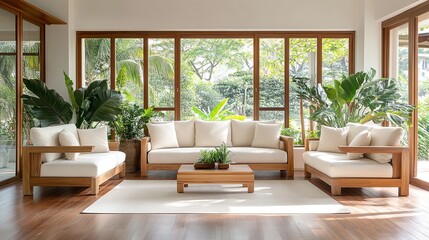 Bright living room featuring wooden furniture, cozy white cushions, plants and natural light coming through the big windows.
