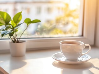 Morning Serenity Cup of Warm Drink on Window Sill with Plant and Soft Sunshine Creates a Peaceful Atmosphere