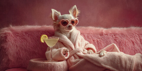 Chihuahua dog in pink bathrobe, heart-shaped sunglasses, enjoys cocktail on pink fur sofa, showcasing luxury, pampering, and pet lifestyle