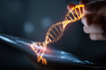 A hand gently interacts with a glowing DNA strand, a mesmerizing display of digital genetics.  The dark background enhances the vibrant orange particles.