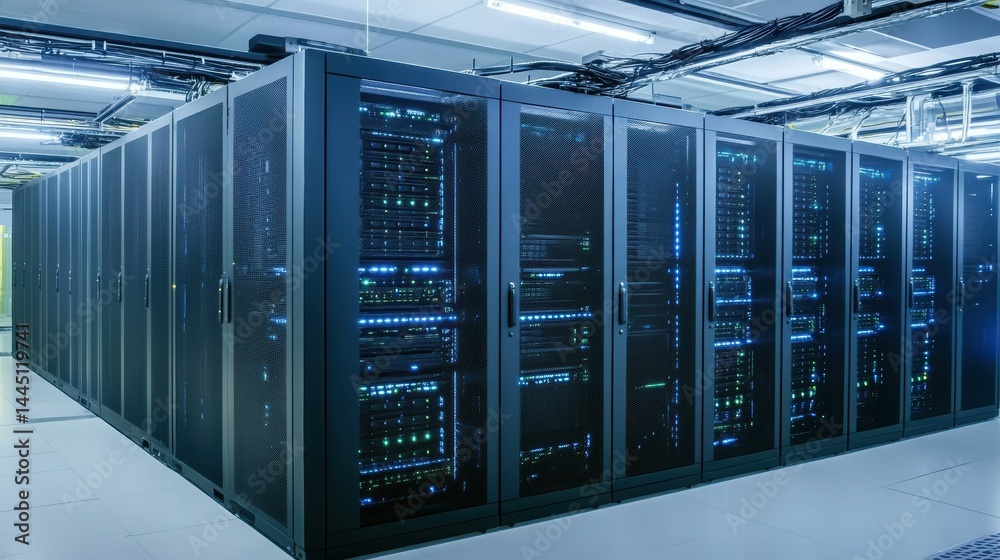 Poster illuminated server racks in data center, powering digital network infrastructure with high technolog