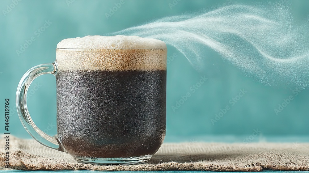 Poster a steaming mug of dark, rich coffee with a frothy foam against a teal backdrop