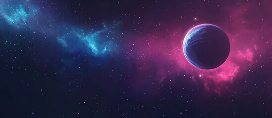A vibrant exoplanet, bathed in nebulae's glow, in the vastness of space.