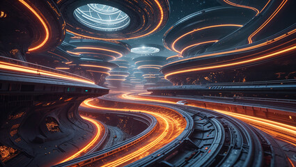 Futuristic cityscape with elevated roads and glowing light trails sci fi architecture