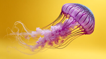 Obraz premium Colorful jellyfish gracefully swimming in vibrant yellow water, showcasing its delicate tentacles