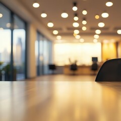 Warm light and soft focus in modern office setting with wood table office chair lights city view