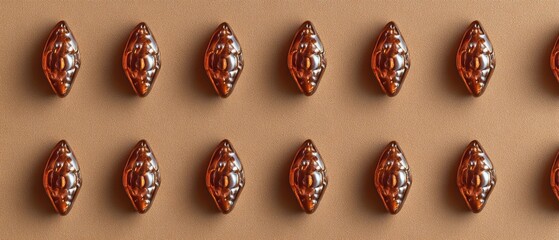 Elegant pattern of glossy amber beads arranged on a beige background creating a symmetrical arrangement and a smooth texture