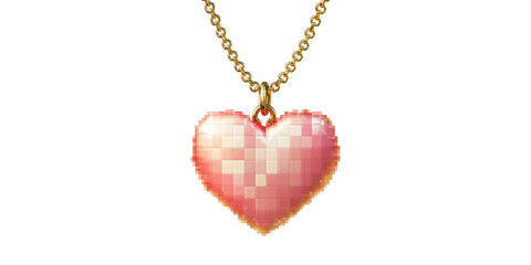 Fototapeta premium Pixelated Heart Pendant Necklace Gold Chain. Digital Art Meets Jewelry Design Isolated On Transparent Background