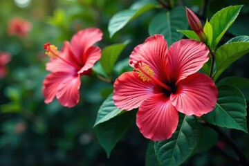 Bold hibiscus blossoms, lush tropical foliage; vibrant summer style , flower pattern, tropical