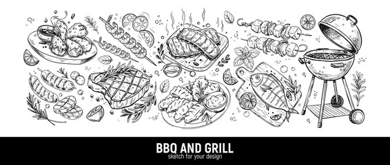 BBQ and grill: fish, shish kebab, meat steak, grilled shrimp, fish, ribs, barbecue chicken wings. Hand-drawn sketch