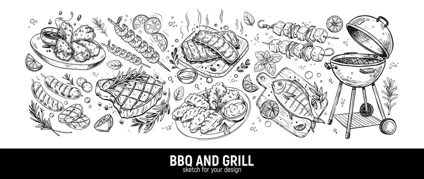 BBQ and grill: fish, shish kebab, meat steak, grilled shrimp, fish, ribs, barbecue chicken wings. Hand-drawn sketch