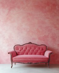 Elegant coral velvet sofa against textured pink backdrop offering a serene and inviting ambiance for interior design