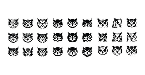 Owl Head Silhouette Set | Night Bird Vector Icons Owl Face Silhouette Bundle | Flying Bird Head Vector Collection
