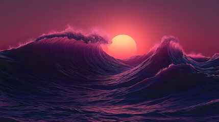 Crimson Sunset Over Turbulent Waves: A Sea of Deep Purples and P