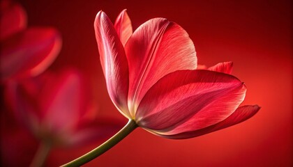 Fototapeta premium Macro photograph of a red tulip on a red colored background. Generative AI 