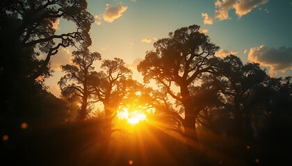Warm Golden Sunlight Bursting Through Silhouetted Trees at Sunset with Cloudy Sky Creating Peaceful Scene for Decoration or Earth Day