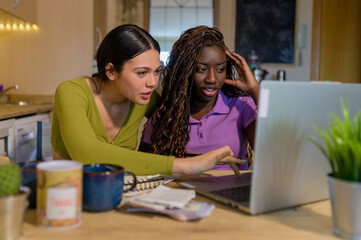 Two women using a laptop to manage their home finances and file taxes, highlighting financial...