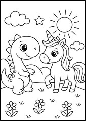 cute dinosaur and unicorn stand in a magical landscape with flowers Coloring book design , clouds, a star, and a sun, creating a whimsical fantasy