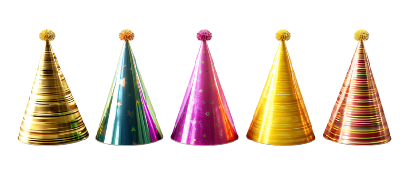 Pack of Party Hats in Five Different Poses Against Transparent Background for Celebration Design, Festive Branding, or Event Promotion Projects