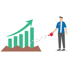 Growing investment, wealth profit growth businessman watering growing graph