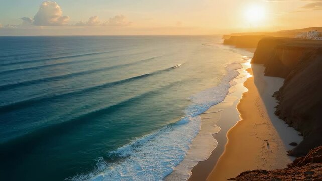 Tilt up aerial of Cofete beach in Fuerteventura during golden hour


