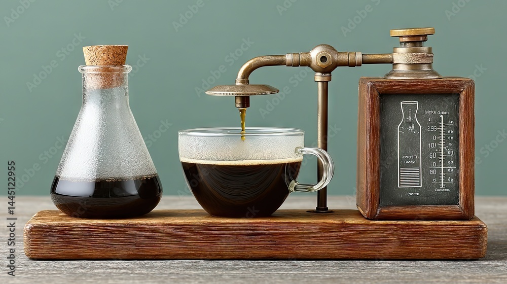 Poster artistic coffee brewing setup with a vintage aesthetic, showcasing a unique method.